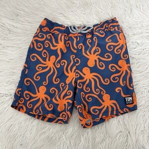 Tom & Teddy Swim Trunks Boys Sz 7/8 Octopus Board Shorts Blue Orange‎ Mesh Lined